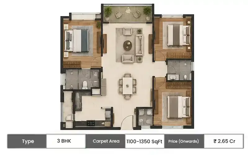 Godrej Manpada 3 BHK floor plan, 1100 sq ft carpet area