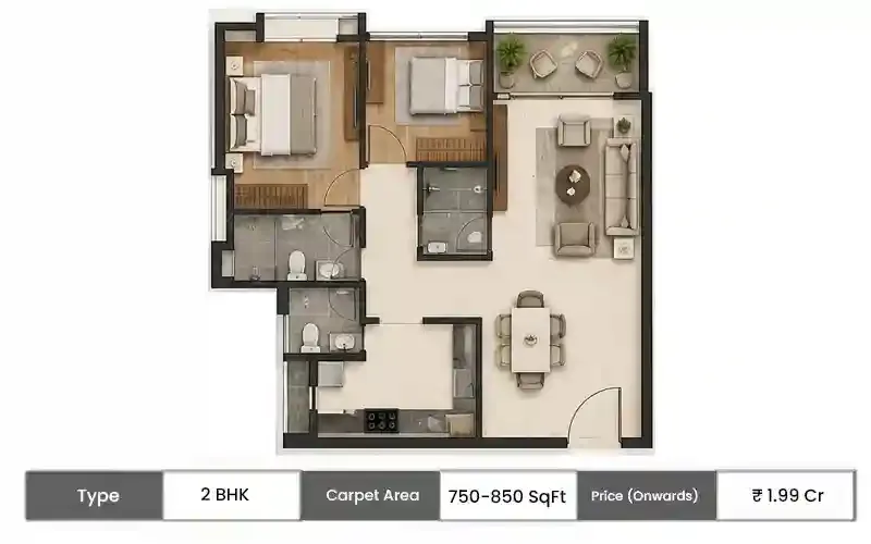 Godrej Manpada 2 BHK floor plan, 750 sq ft carpet area